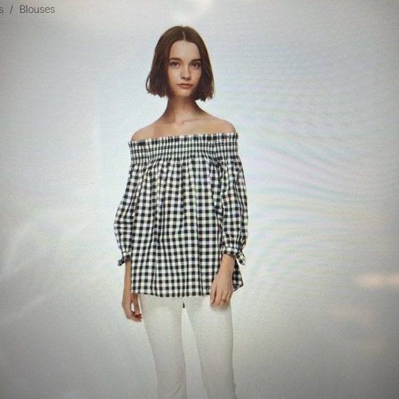 Kate Spade Gingham/Checked Black and White Off Shoulder Top XXS 3/4 Tie Sleeves - Picture 11 of 12